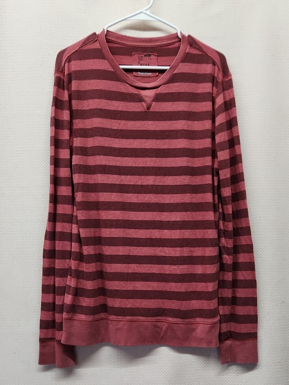 on the byas Burgundy and Dusty Rose Striped Crewneck Sweater